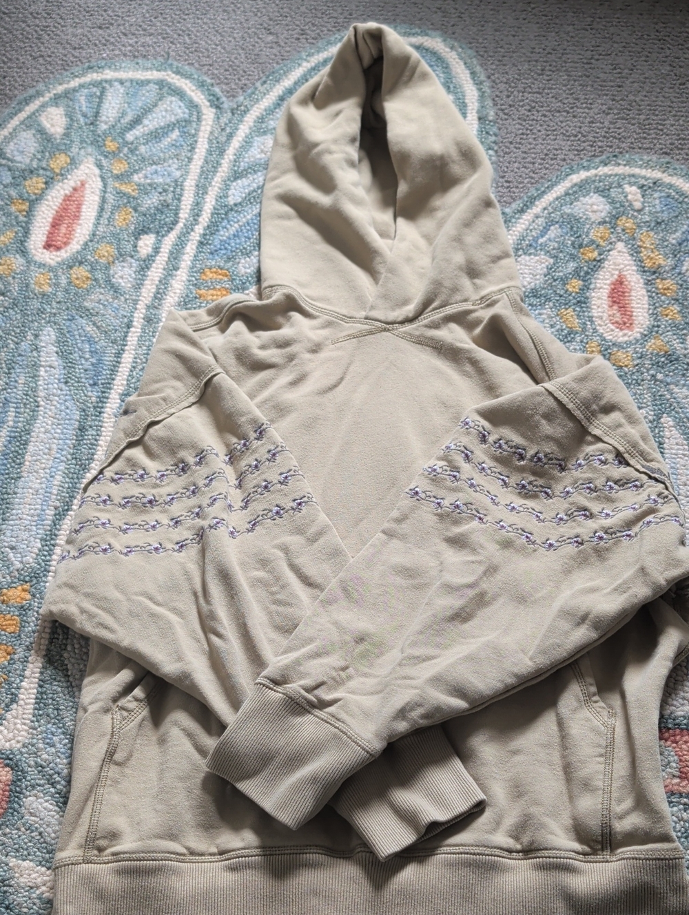 Free People EmbroideredBeige Hooded Pullover Sweatshirt